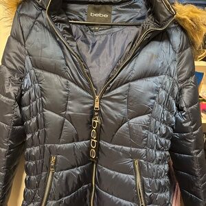 Bebe blue jacket with faux fur hoodie